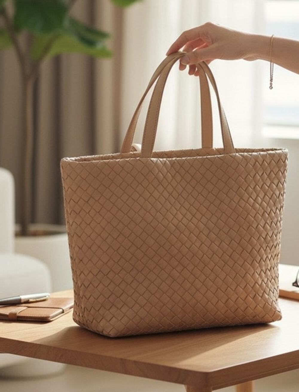 On 34th XL Blush Nude Woven Tote NWT Polka Dot Lining Tote/Laptop Compatible Bag